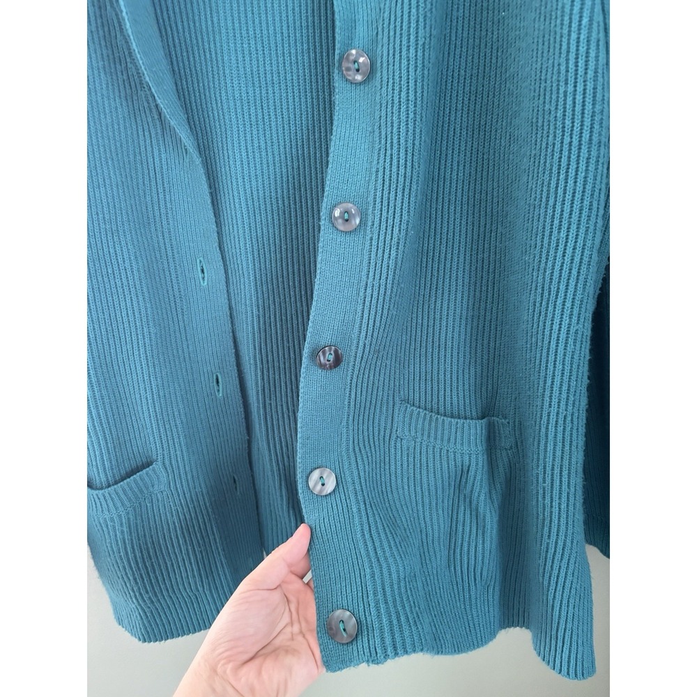 Liz Baker Vintage Teal Solid Rib-Knit Collared Button Front Pocket Cardigan XL - Picture 2 of 5